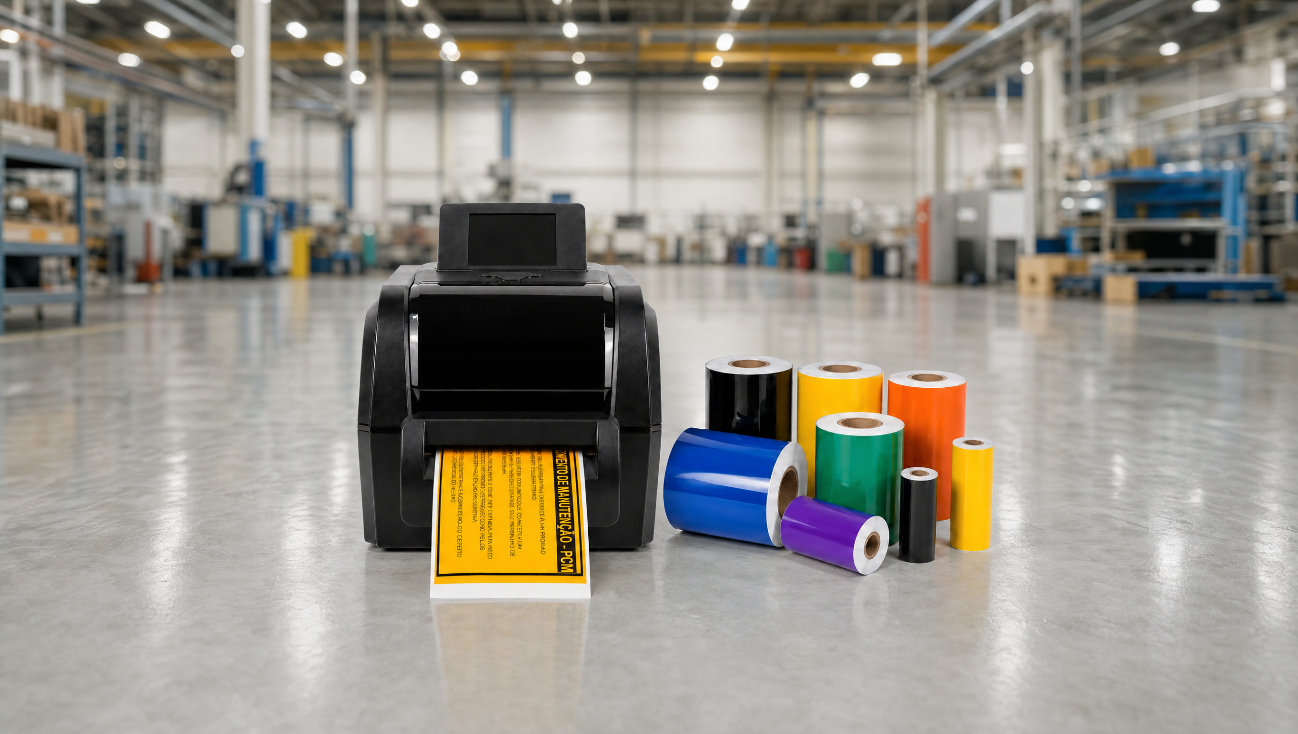 Impressora industrial e ribbons coloridos em chão de fábrica