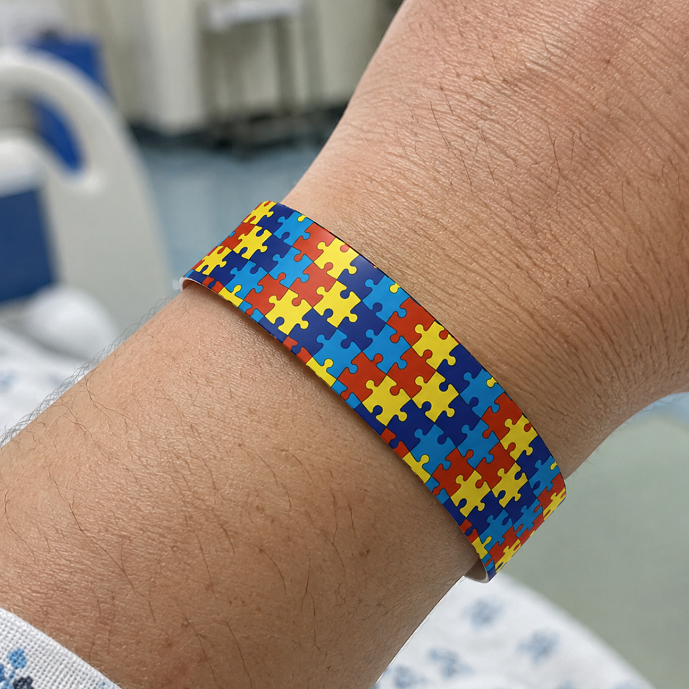 Pulseira de autismo com estampa de quebra-cabeça no pulso de paciente