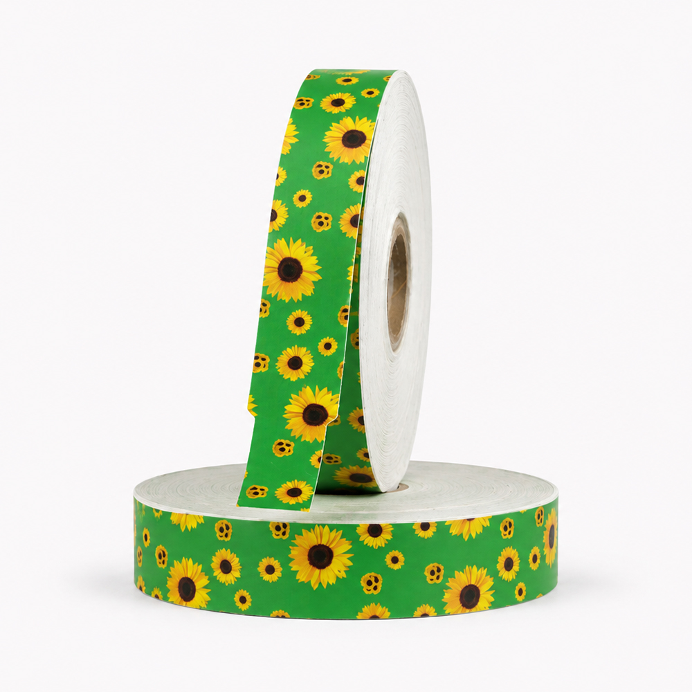 Rolo de pulseira hospitalar verde com estampa de girassóis